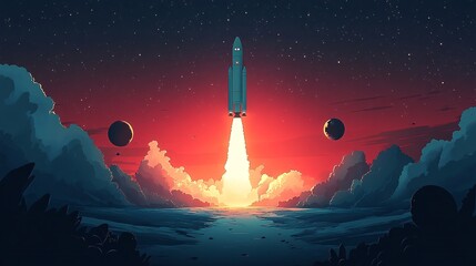 Aerospace engineering spacecraft launch pad and satellite orbits in flat design Vector look Digital art Large space for text in center Stock Photo with copy space