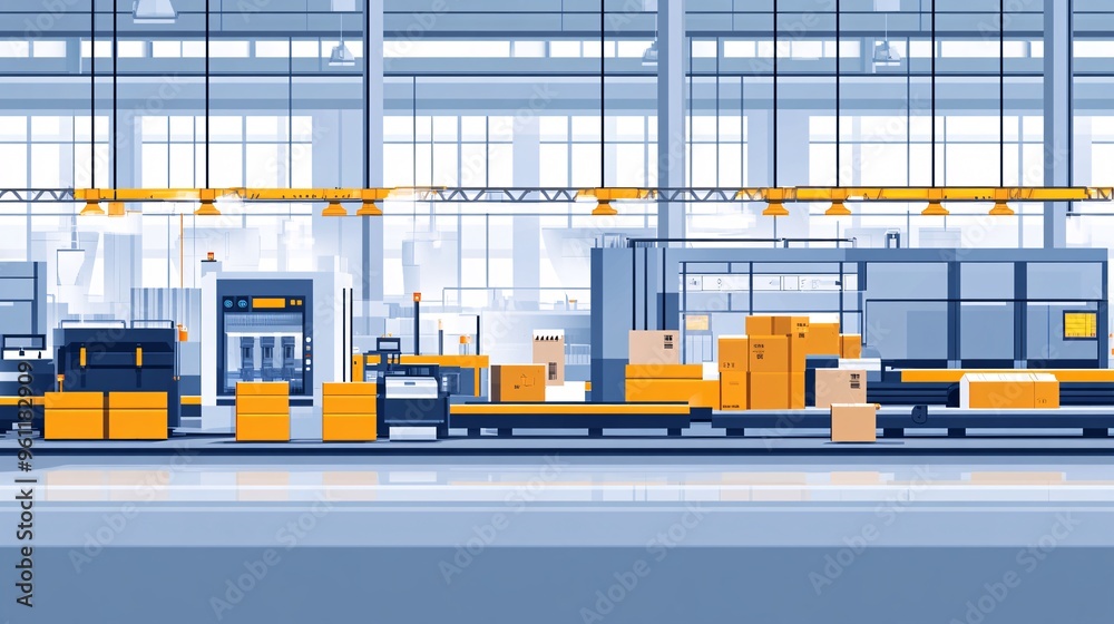 Poster Industrial engineering with factory production lines and efficiency charts in flat design Vector look Digital art Large space for text in center Stock Photo with copy space