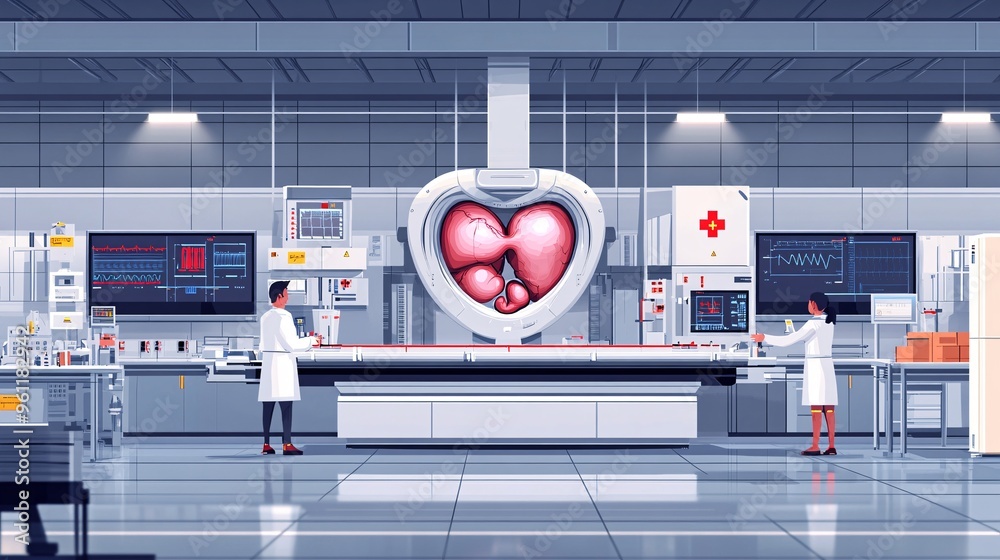 Poster Biomedical engineering prosthetic design and artificial organ systems in flat design Vector look Digital art Large space for text in center Stock Photo with copy space