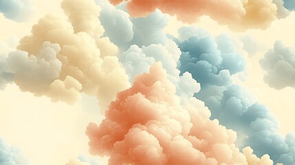 A seamless pastel cloud pattern featuring fluffy clouds in shades of light coral, baby blue, and soft yellow,