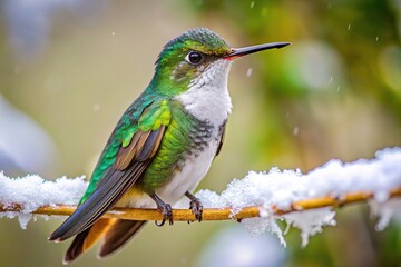 Obraz premium vibrant, nature, avian, fauna, wildlife, nectar, branch, bird, A close up photo of a Snowy bellied Hummingbird Saucerottia edward perched on a branch captured with shallow depth of field