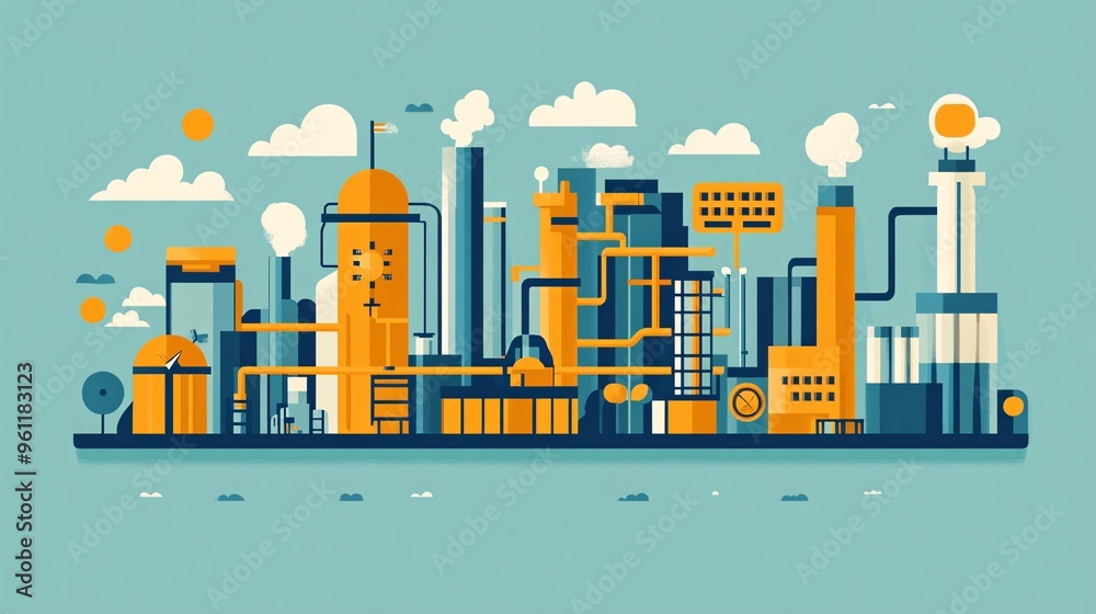 Poster Petroleum engineering oil extraction pumps and gas storage tanks in flat design Vector look Digital art Large space for text in center Stock Photo with copy space