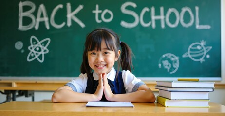 Excited Asian Schoolgirl Posing Playfully in Front of 'Back to School' Chalkboard