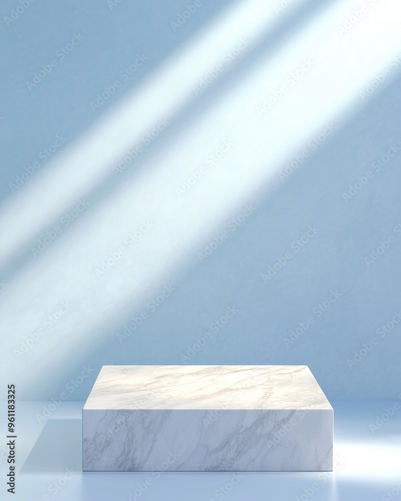 Poster minimalist marble podium on pastel blue background with soft light beams - clean and polished displa
