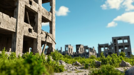 Obraz premium abandoned cityscape with overgrown concrete buildings and lush greenery under a sunny blue sky.