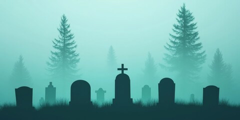 Fototapeta premium mysterious graveyard silhouettes in foggy green forest background.