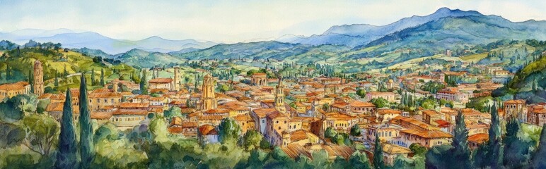 Fototapeta premium Breathtaking Watercolor Landscape of an Italian Village Nestled in Lush Hills