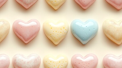 Fototapeta premium A seamless pastel heart pattern with soft pink, pale yellow, and baby blue hearts,