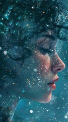 Fototapeta premium Close-up portrait of a woman with her eyes closed, surrounded by shimmering particles.