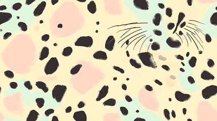 A seamless pastel leopard print with subtle blush pink and mint green spots on a pale yellow background, creating a chic, fashionable animal print design --ar 16:9 --no logo --tile