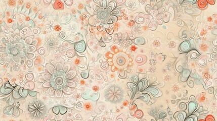 A seamless pastel mandala pattern with intricate designs in soft shades of blush pink, light lavender, and pale mint,