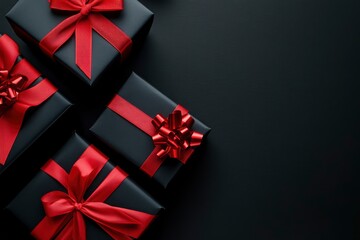 Top view of red and black christmas boxes on black background with copy space for text. black Friday and Boxing Day composition, copy-space with generative ai