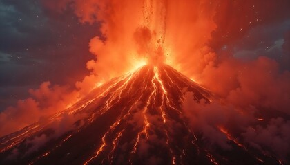 Fototapeta premium Erupting Volcano with Molten Lava Flowing Down the Sides at Night