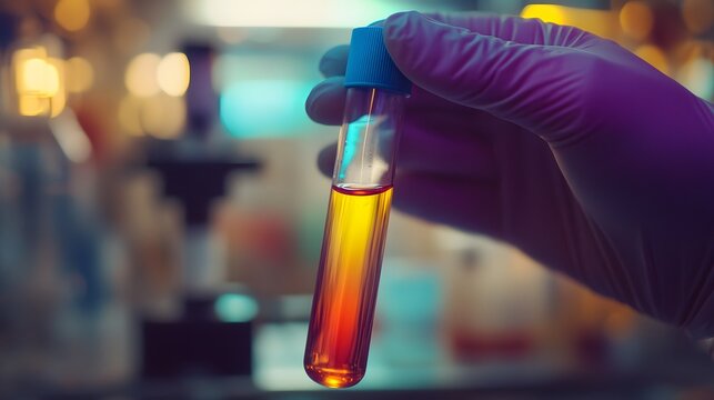 Scientist’s Hand Holding a Test Tube: A scientist's hand holding a test tube filled with a colorful liquid, with laboratory equipment blurred in the background.
