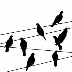 Silhouette of a group of pigeons perched on an electric pole cable on a white background. A group of black pigeons are on the wires. Vector illustration