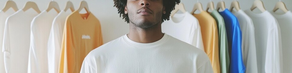 Young Man in Virtual Fitting Room Exploring Classic and Minimalist Outfits