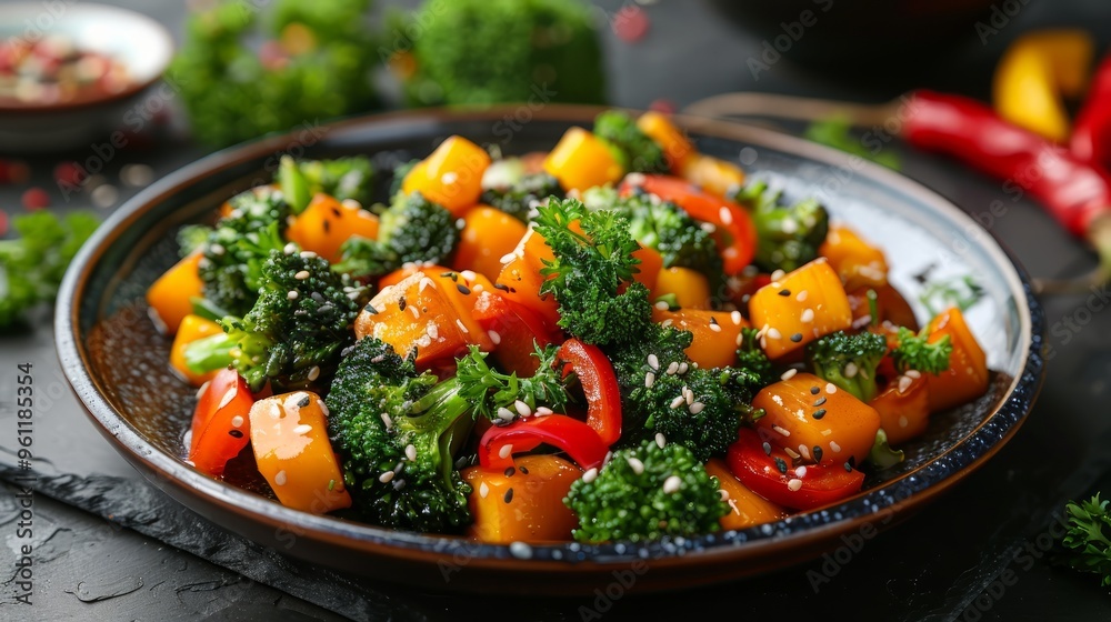 Wall mural Stir fried green vegetable in a plate