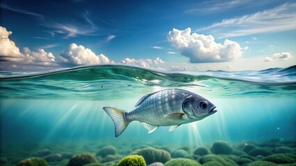 Fototapeta premium Fish trapped in a plastic bottle floating in the sea, environment, plastic pollution, underwater, water, eco, save the earth, garbage,pollution, ecosystem, hazardous, recycling