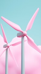 Fototapeta premium pastel pink wind turbines 3d render, eco friendly energy concept, minimalist design, blue and pink background, sustainable technology illustration