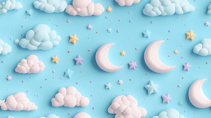 A seamless pattern featuring soft pastel crescent moons and twinkling stars in shades of blush pink, light lavender, and pale yellow,