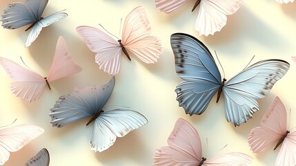 A seamless pattern of delicate pastel butterflies in shades of blush pink, baby blue, and pale lavender,