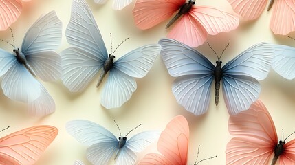 A seamless pattern of delicate pastel butterflies in shades of blush pink, baby blue, and pale lavender,