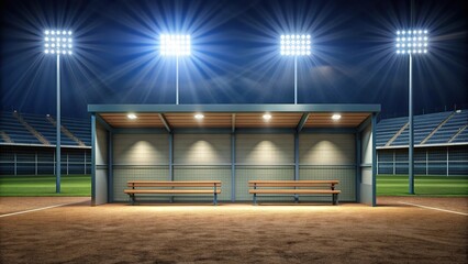 Empty baseball dugout illuminated by stadium lights at night , sports equipment, sport, seating, solitude, baseball, dark, baseball field, diamond, empty, dugout, structure, night