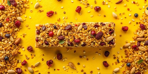 A vibrant and colorful stock photo of a bar of granola with nuts, dried cherries, and dried cranberries on a yellow background, surrounded by scattered confetti leaves