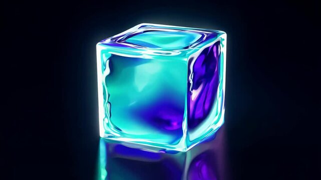 Realistic 3D animation of the abstract morphing iridescent blue cube with a pulsating glow rendered in UHD. Black background.