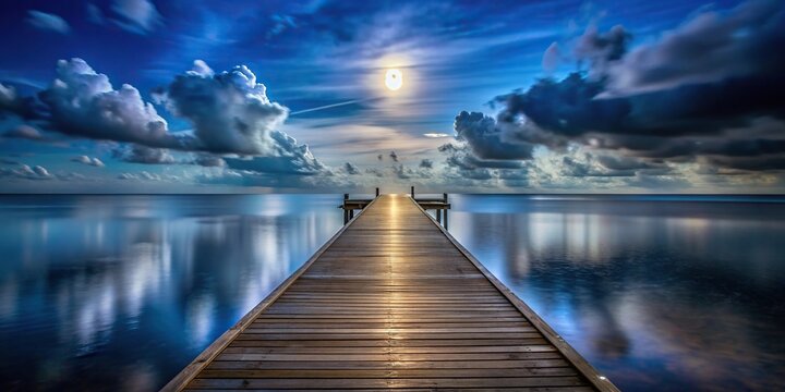 Fototapeta A peaceful wooden pier illuminated by the moonlight on a cloudy night, ethereal, calm, scenic,wooden, idyllic, nature, scenic, misty, moon, beautiful, cloudy, atmospheric, moonlit, stars