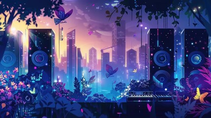 Obraz premium Harmonious Blend of Urban and Nature Elements, geometric shapes, music-inspired artwork 