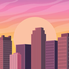 Obraz premium Cityscape at sunset. Skyscrapers in the city center. Vector illustration in flat style.