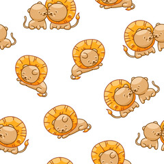 Obraz premium Cute lion character. Seamless pattern. Kawaii mammal animal different poses. Vector drawing. Design ornaments.