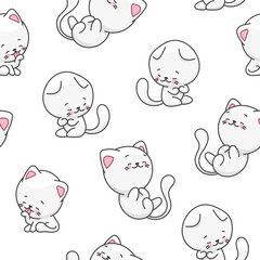 Cute cat character. Seamless pattern. Kawaii cartoon kitten. Vector drawing. Design ornaments.