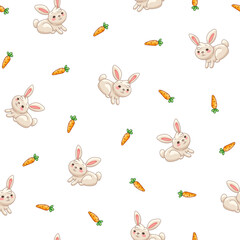 Cute rabbit character. Seamless pattern. Kawaii cartoon hare. Vector drawing. Design ornaments.