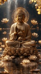 Fototapeta premium Golden Buddha statue sits serenely amidst blooming lotus flowers, symbolizing harmony, spiritual abundance, and peace, enlightenment and prosperity in life.