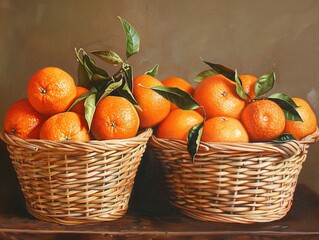 Bright Orange Oranges in Rustic Baskets, fresh produce, vibrant citrus display
