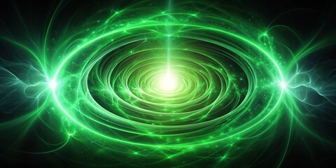 Fototapeta premium Glowing green spiral of light and energy expanding on dark background, green, energy, mystical, illumination, high angle, vibrant, glow, technology, radiant, glowing, background, spiral