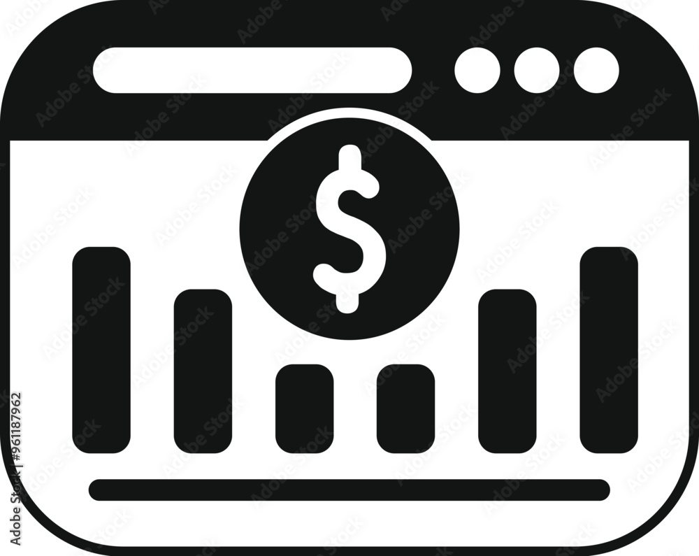 Poster simple vector icon representing a website displaying financial data such as a bar chart and a dollar
