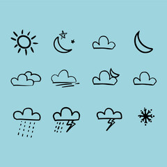 Collection of outline weather icons including on graph paper background