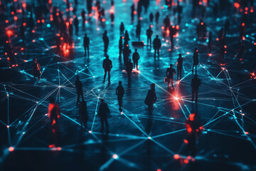 group of people are shown in a blue and red background. The people are scattered throughout the image, with some standing closer together and others further apart. Scene is one of a busy