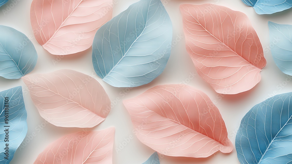 Sticker Delicate pastel leaves in shades of blush pink, baby blue, and light mint,