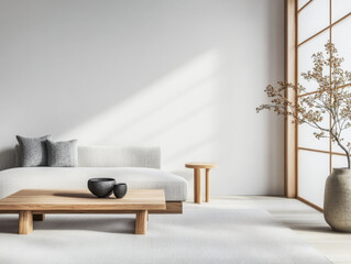 Living room interior design with an elegant sofa, table copyspace and a large window lighting the room. Residential interiors with minimal furniture.