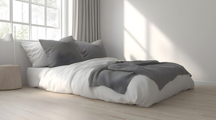 Cozy and Serene Bedroom Interior with Minimalist Decor and Abundant Natural Light