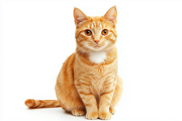 large orange tabby cat is sitting on a white background. The cat has a very cute and friendly expression on its face