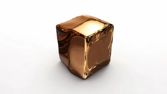 Realistic 3D animation of the abstract morphing liquid iridescent bronze cube with a smooth texture rendered in UHD, white background