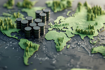 A map of the world, with black oil barrels represents global demand for oil.