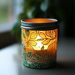 A white tea light candle in an aluminum cup glowing inside a decorated glass jar, part of a creative crafting project. The soft light and jar decorations create a charming and artistic display.

