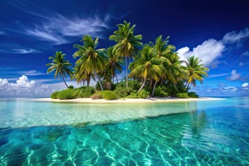 Naklejka premium Tropical paradise island with crystal clear blue ocean and palm trees, scenic, untouched, turquoise waters, secluded, tropical paradise, tropical plants, clear water, remote, vacation