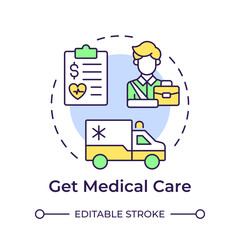 Get medical care multi color concept icon. Workplace injury, healthcare. Insurance service. Round shape line illustration. Abstract idea. Graphic design. Easy to use in infographic, presentation